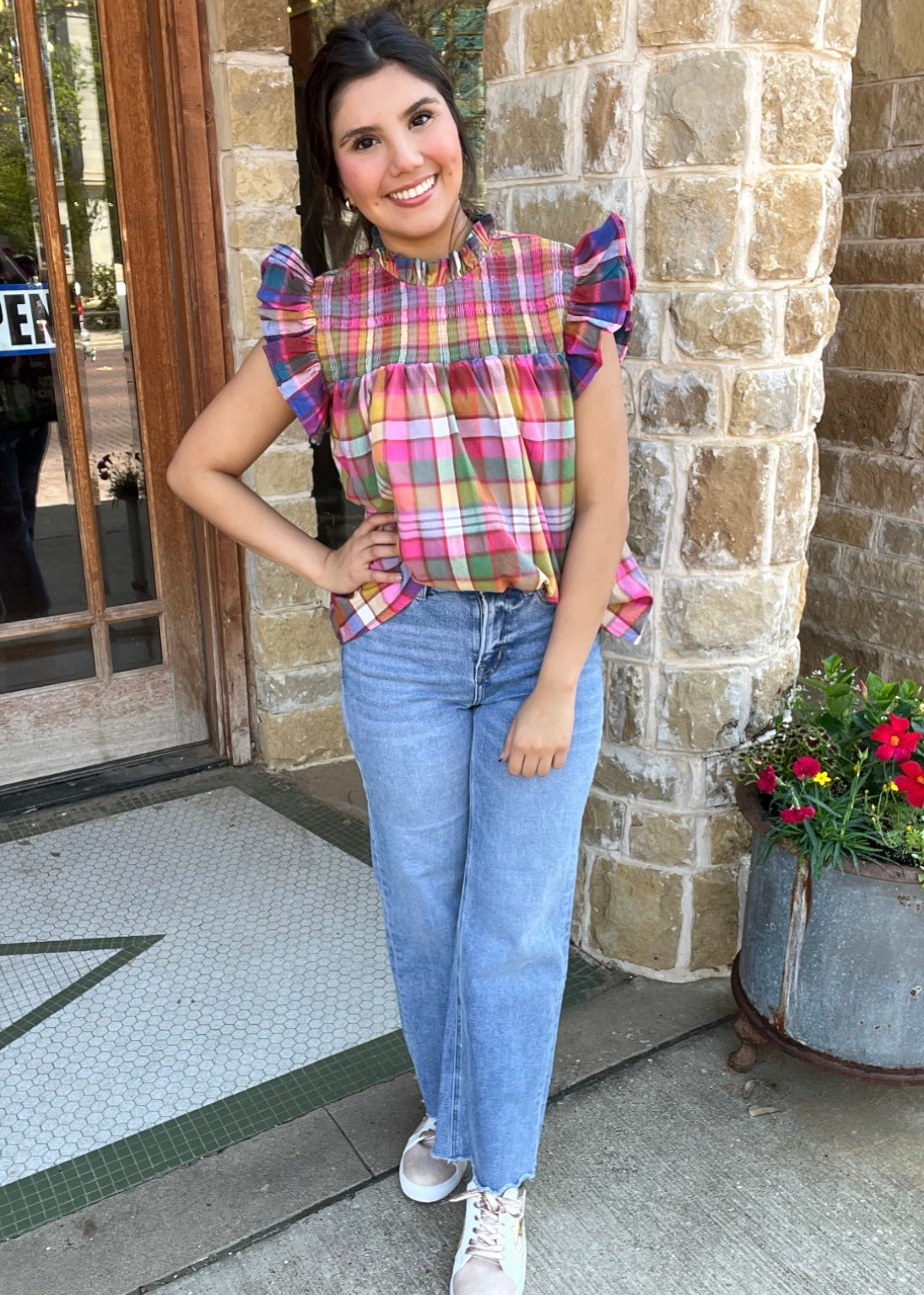 Tops | Blouse Stained Glass Vintage Plaid Ruffle Sleeve Smocked