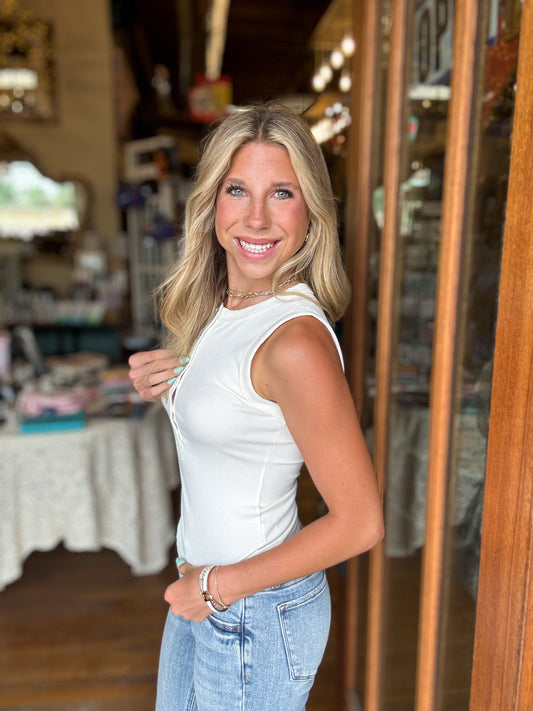 Tank - Ivory Sleeveless Henley Knit Tank