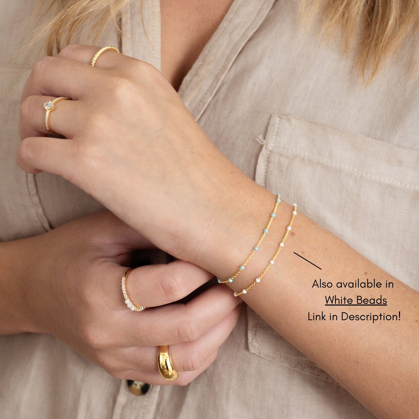 Bracelet | Turquoise Beaded Bracelet: 6.75" + .5" Ext / Gold