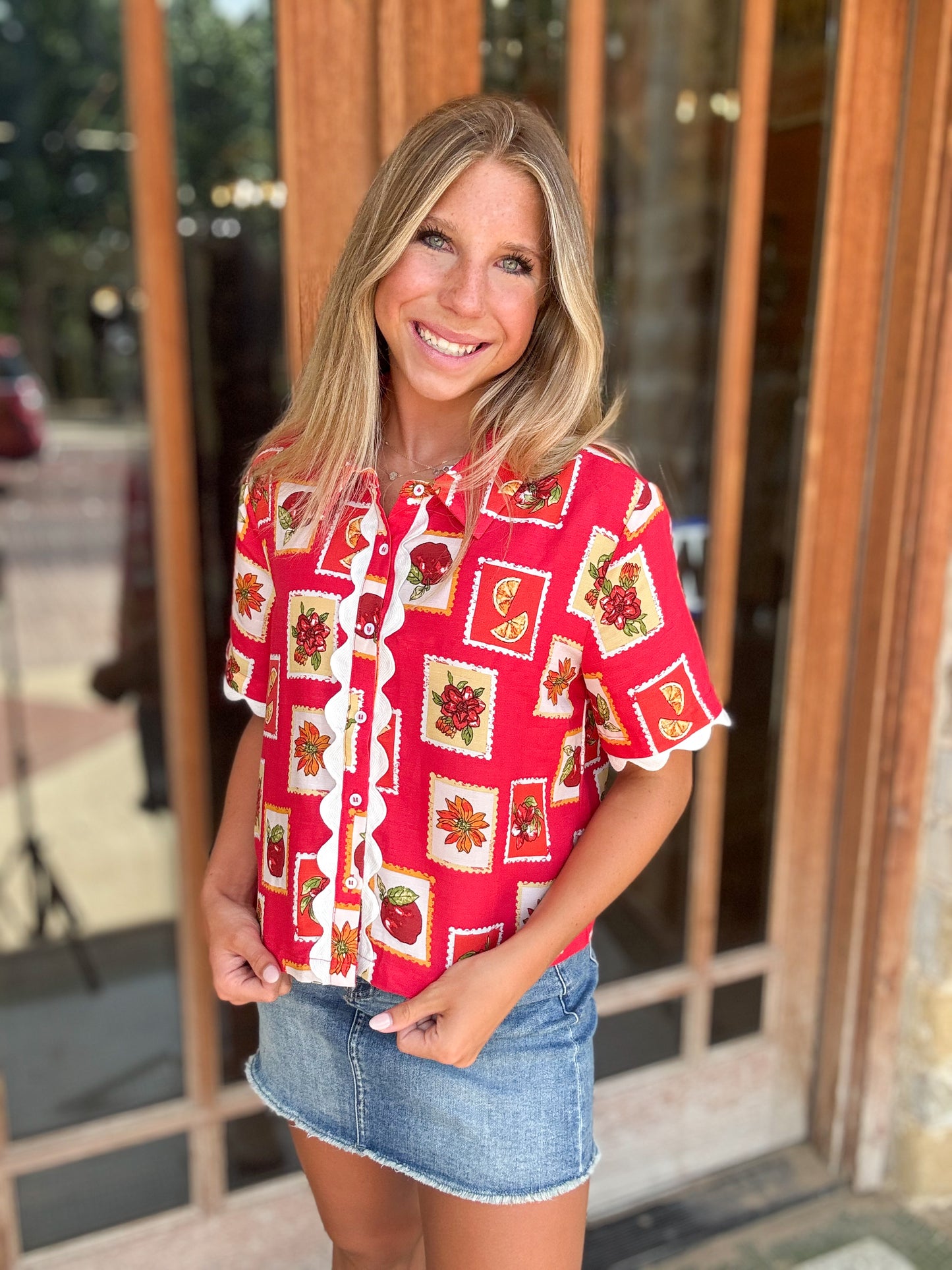 Tops | Blouse Printed Linen Short Sleeve Button Down Front