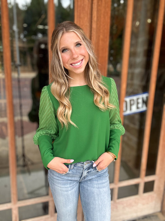 Tops | Blouse Green Semi Sheer Chevron Sleeve Button Detail