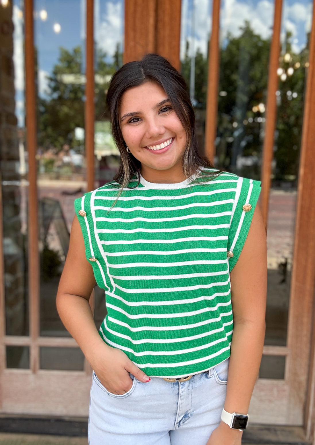 Tops | Sweater Emerald/White Striped Sleeveless Knit