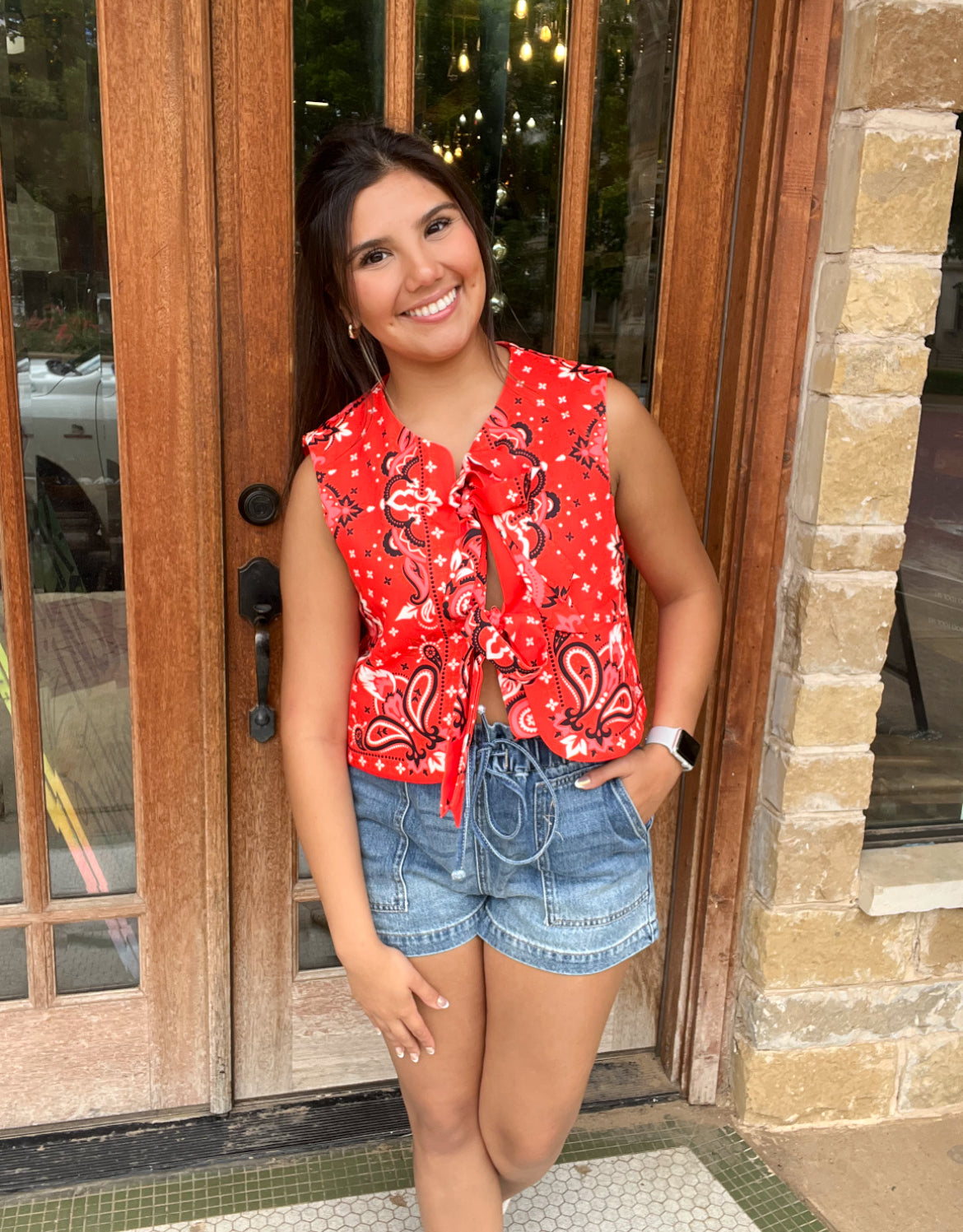Tops | Blouse Tomato Red Paisley Printed Tie Front Vest