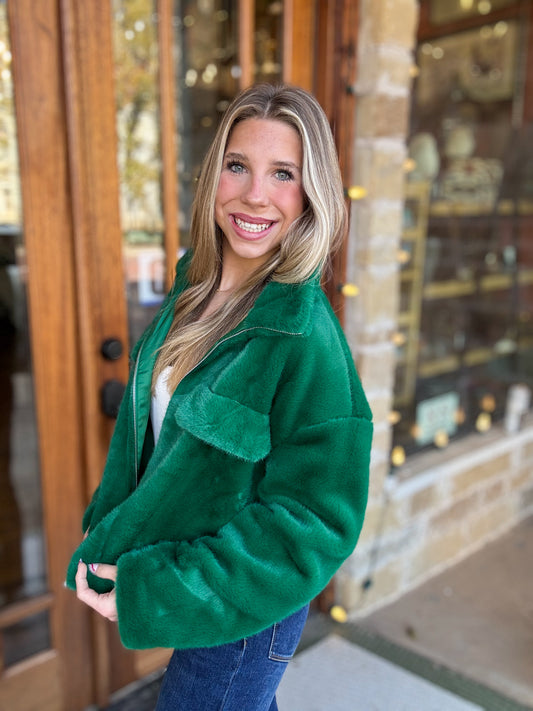 Jacket | Faux Fur Crop Zip-Up Green