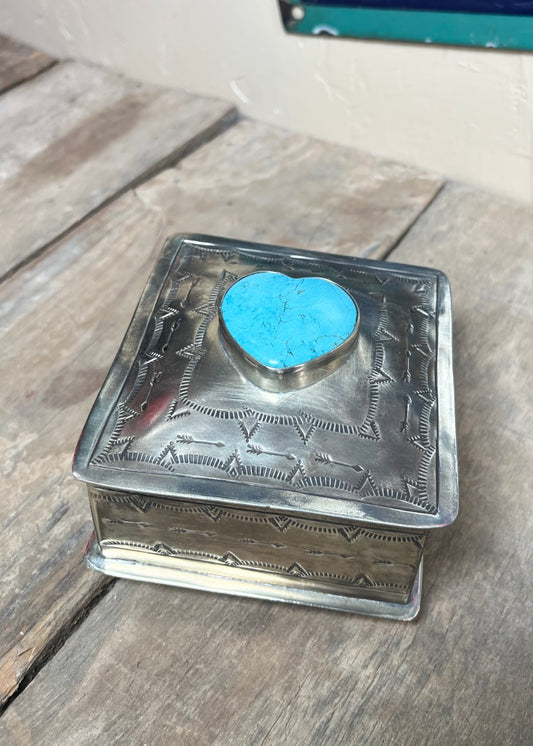 Jewelry Storage | Sterling Silver Stamped Square Box W Turquoise Heart