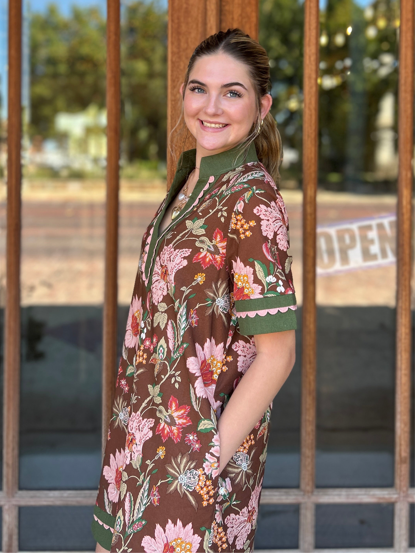 Dress | Brown Floral with Pink Scallop Trim