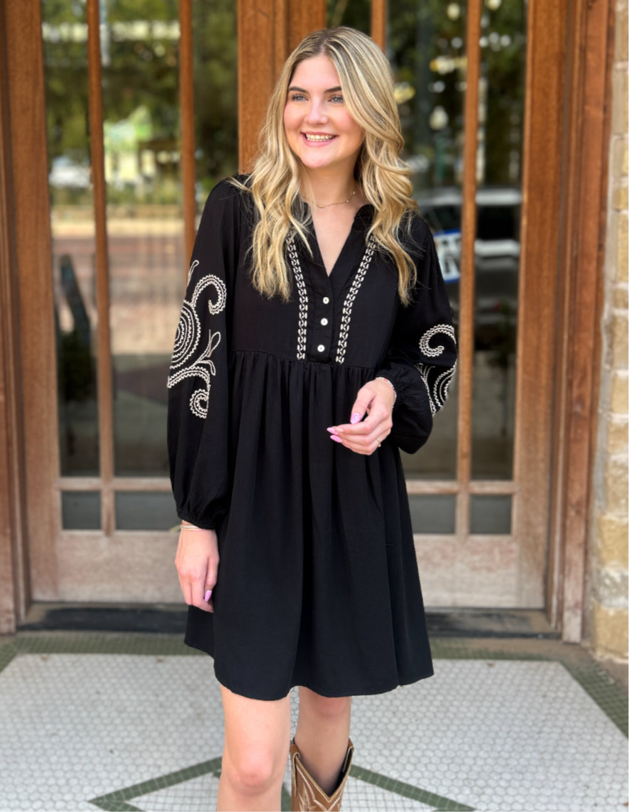 Dress | Mini Black Paisley Embroidered V-Neck Baby Doll