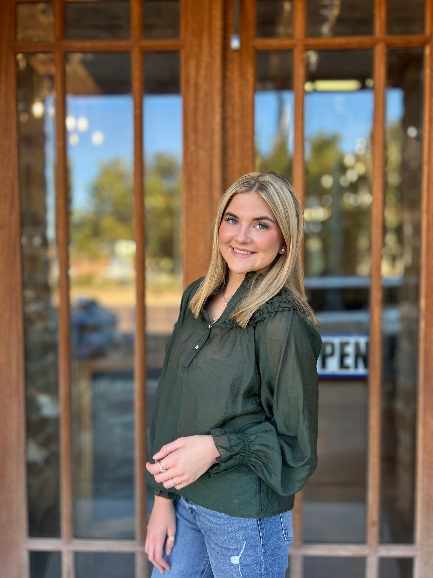 Tops | THML Blouse Ruffle Yoke Smocked Cuff Long Sleeve Olive
