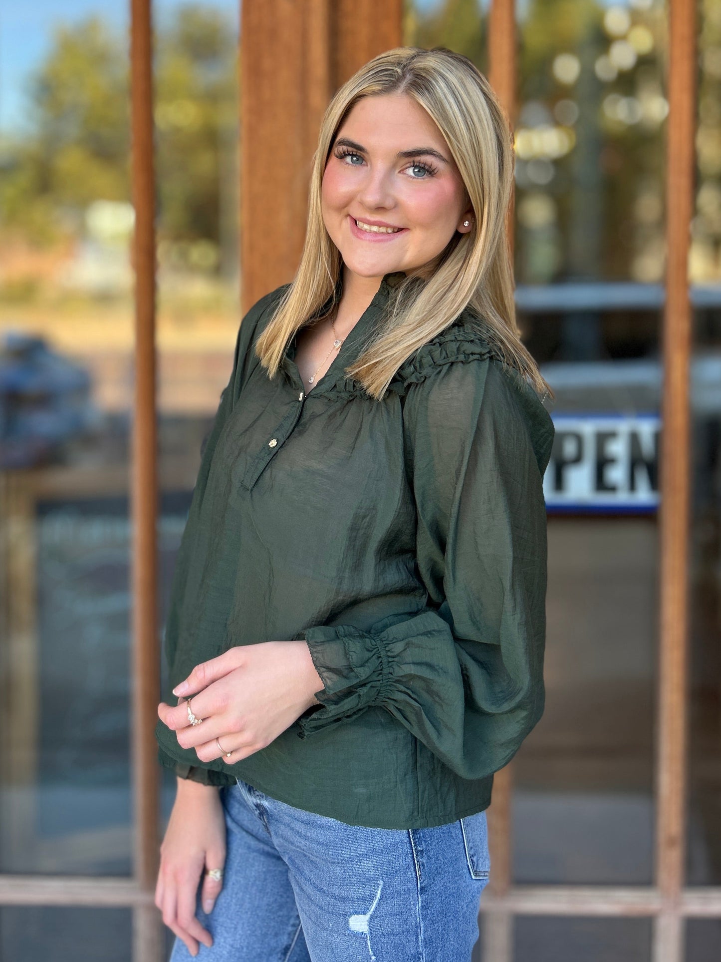 Tops | THML Blouse Ruffle Yoke Smocked Cuff Long Sleeve Olive