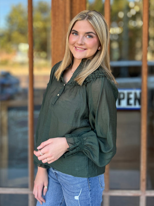 Tops | THML Blouse Ruffle Yoke Smocked Cuff Long Sleeve Olive