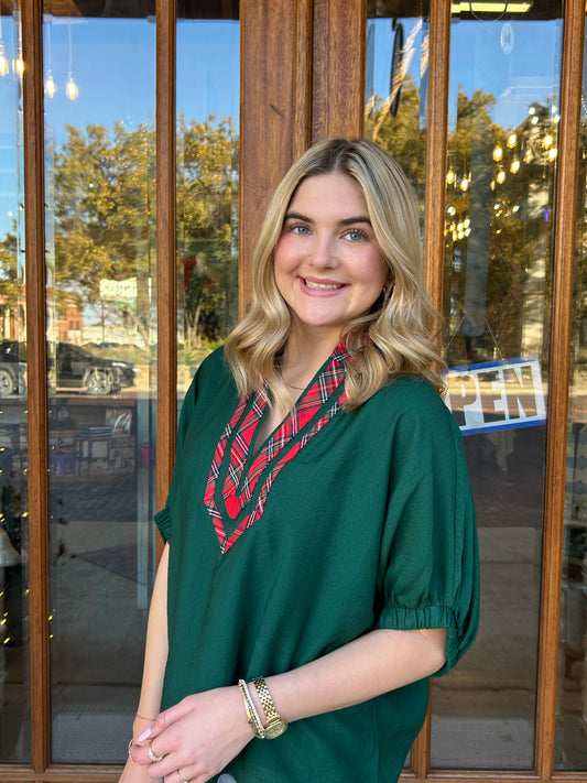 Holiday Plaid Trim Blouse