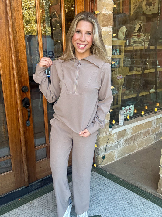 Sets | Cocoa Pullover & Pants Ribbed High Neck Half Zip