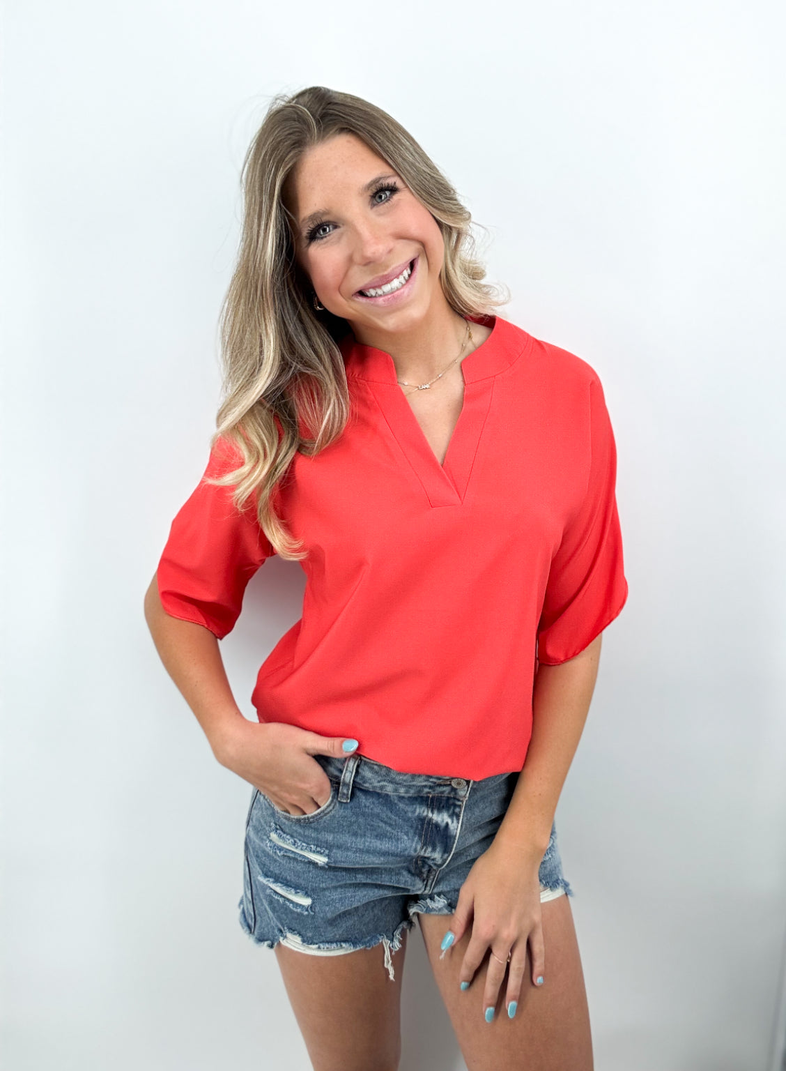 Tops | Blouse Fire Brick Color V-Neck Short Sleeve