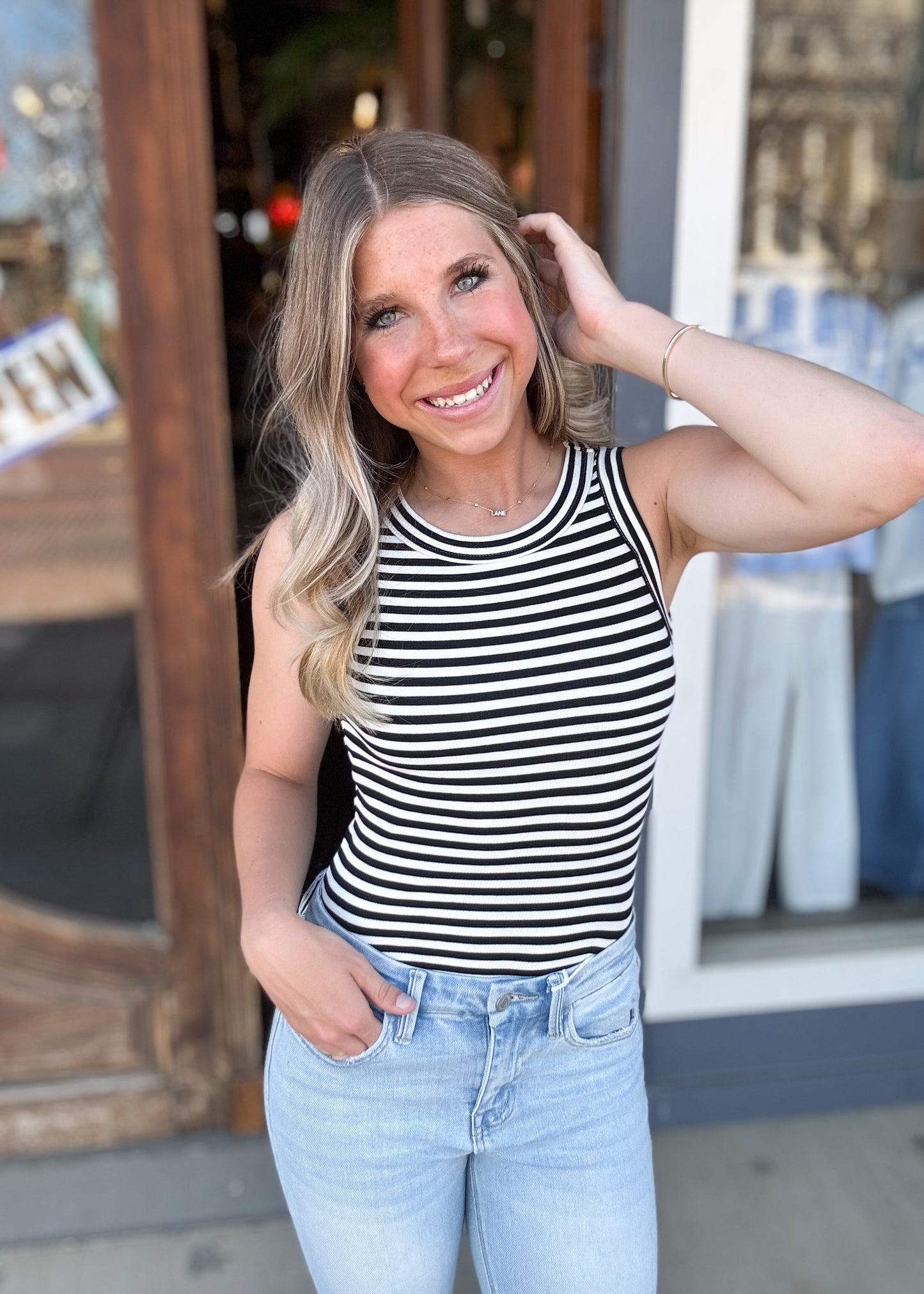 Top | Black Striped Fitted Tank Top