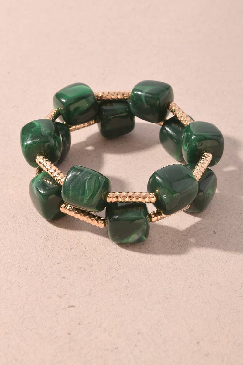 Bracelet - Marbled Cube Bead Dark Green