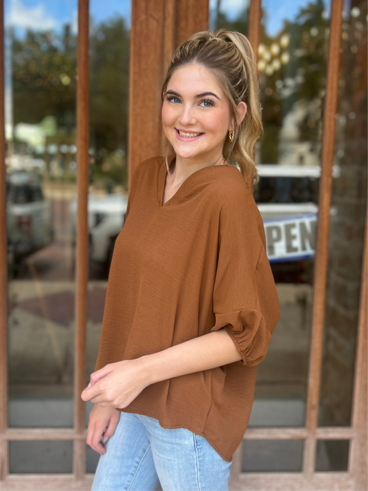 Tops | Blouse Mocha V-Neck Puff Short Sleeve