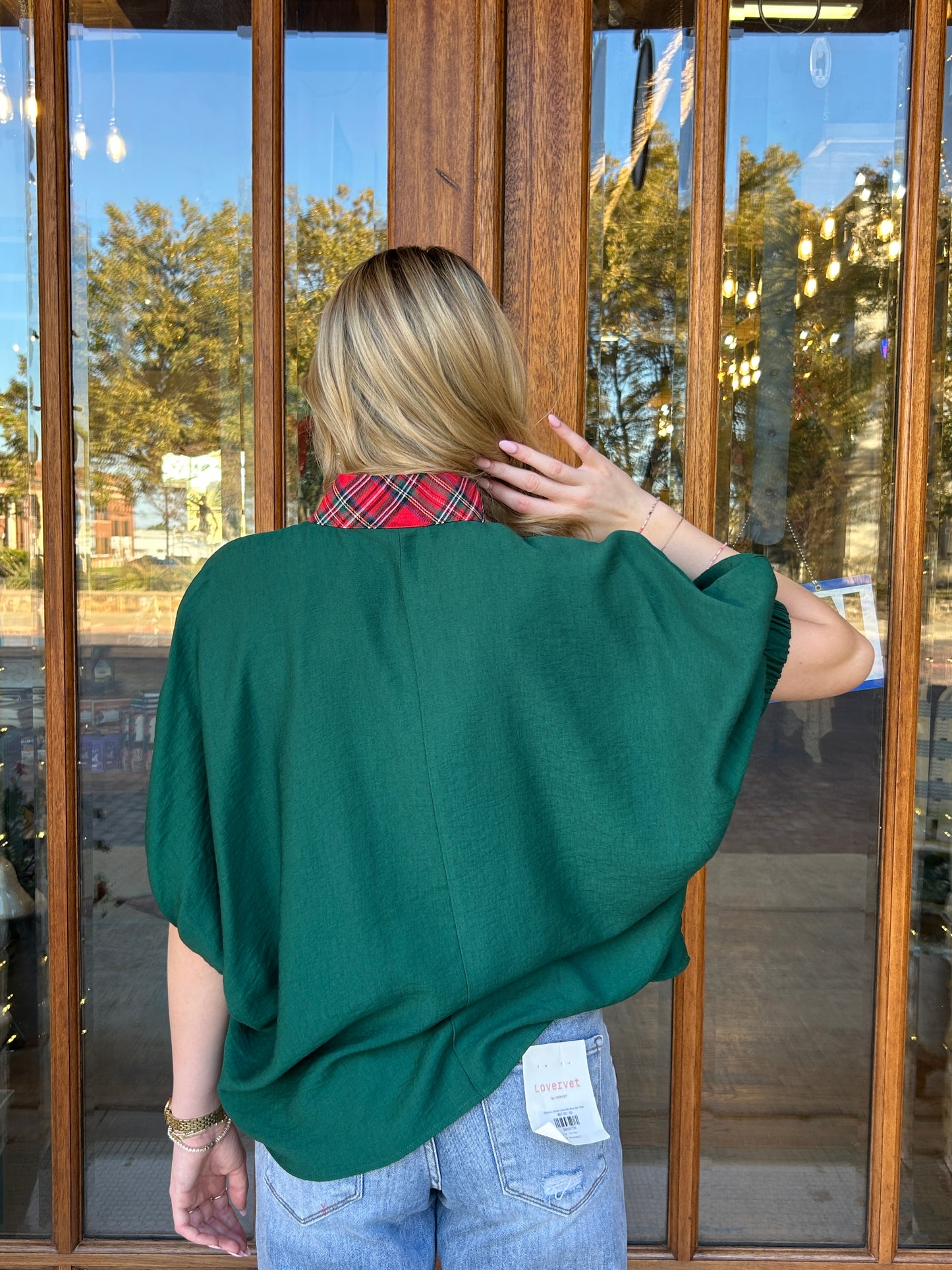 Holiday Plaid Trim Blouse