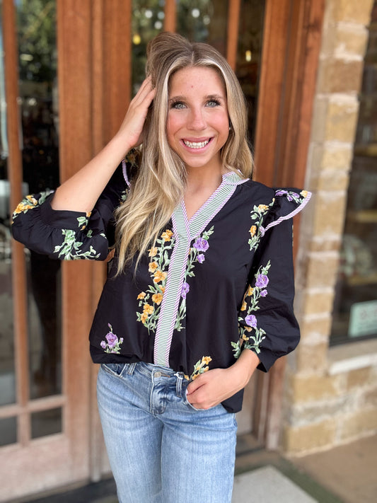 Tops | Blouse Black Midnight Garden V-Neck Ruffle Sleeve