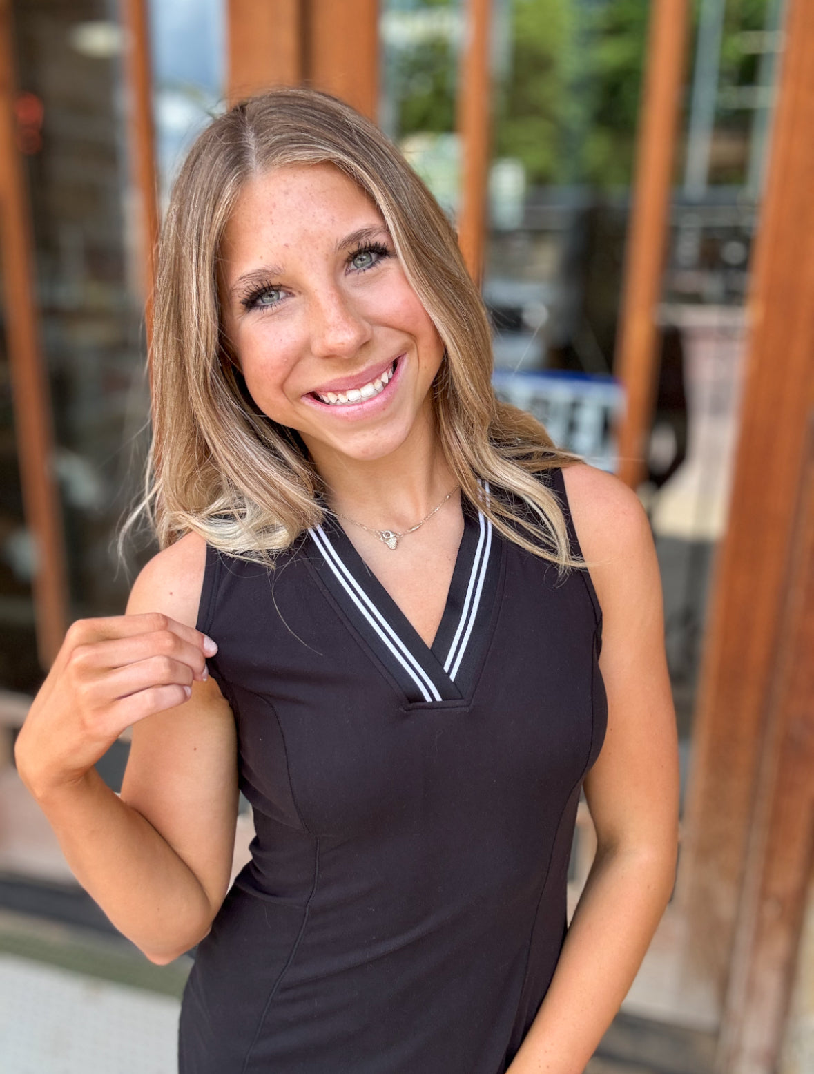 Athleisure | Tennis Dress Black V- Neck Slit W/ Contrast Stripe