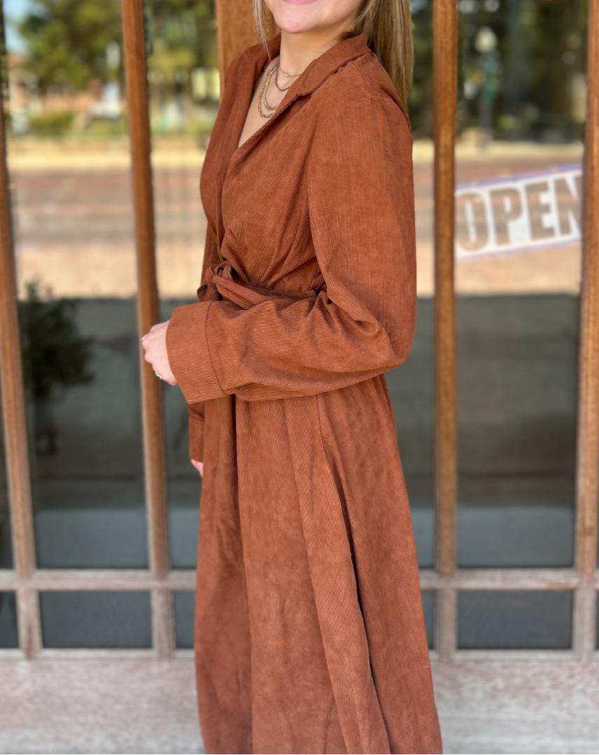 Dress | Midi Brown Corduroy V-Neck