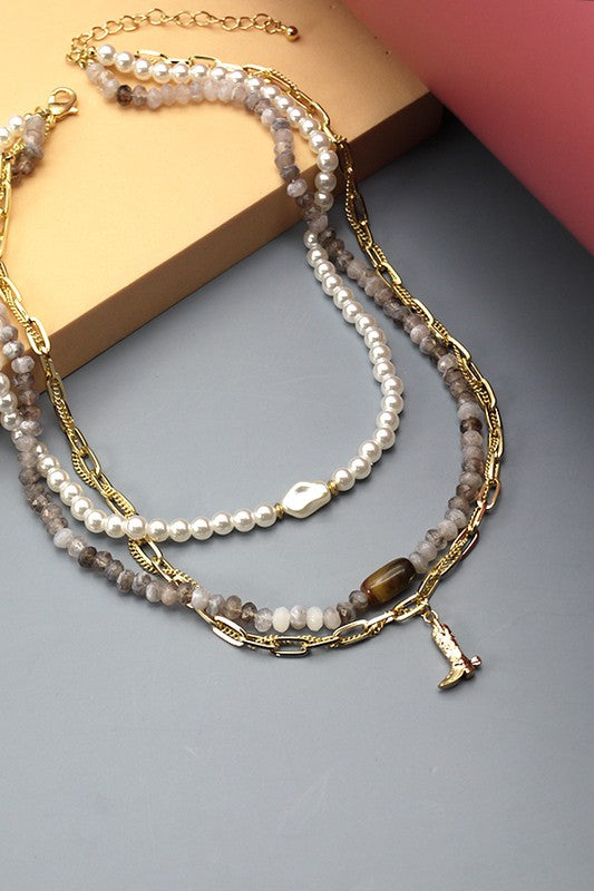 Jewelry | Necklace Pearl Bead Cowgirl Boot Layered