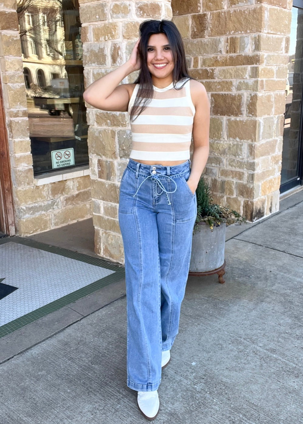 Top | Taupe Cream Thick Striped Crop Tank Top