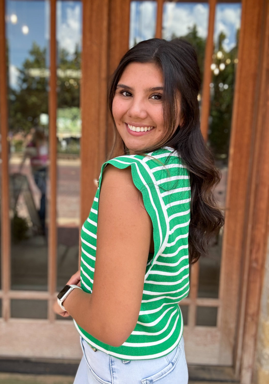 Tops | Sweater Emerald/White Striped Sleeveless Knit