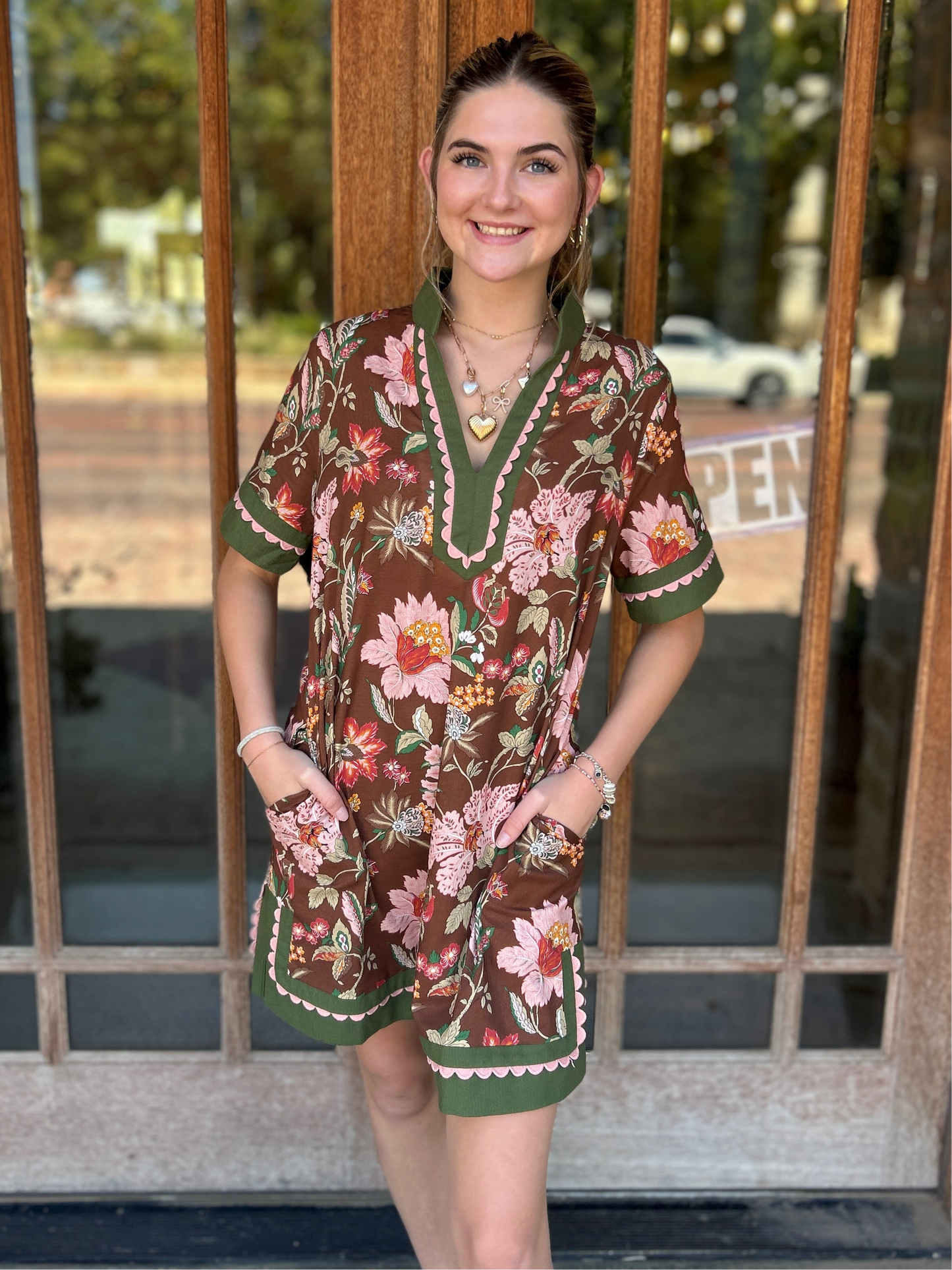 Dress | Brown Floral with Pink Scallop Trim