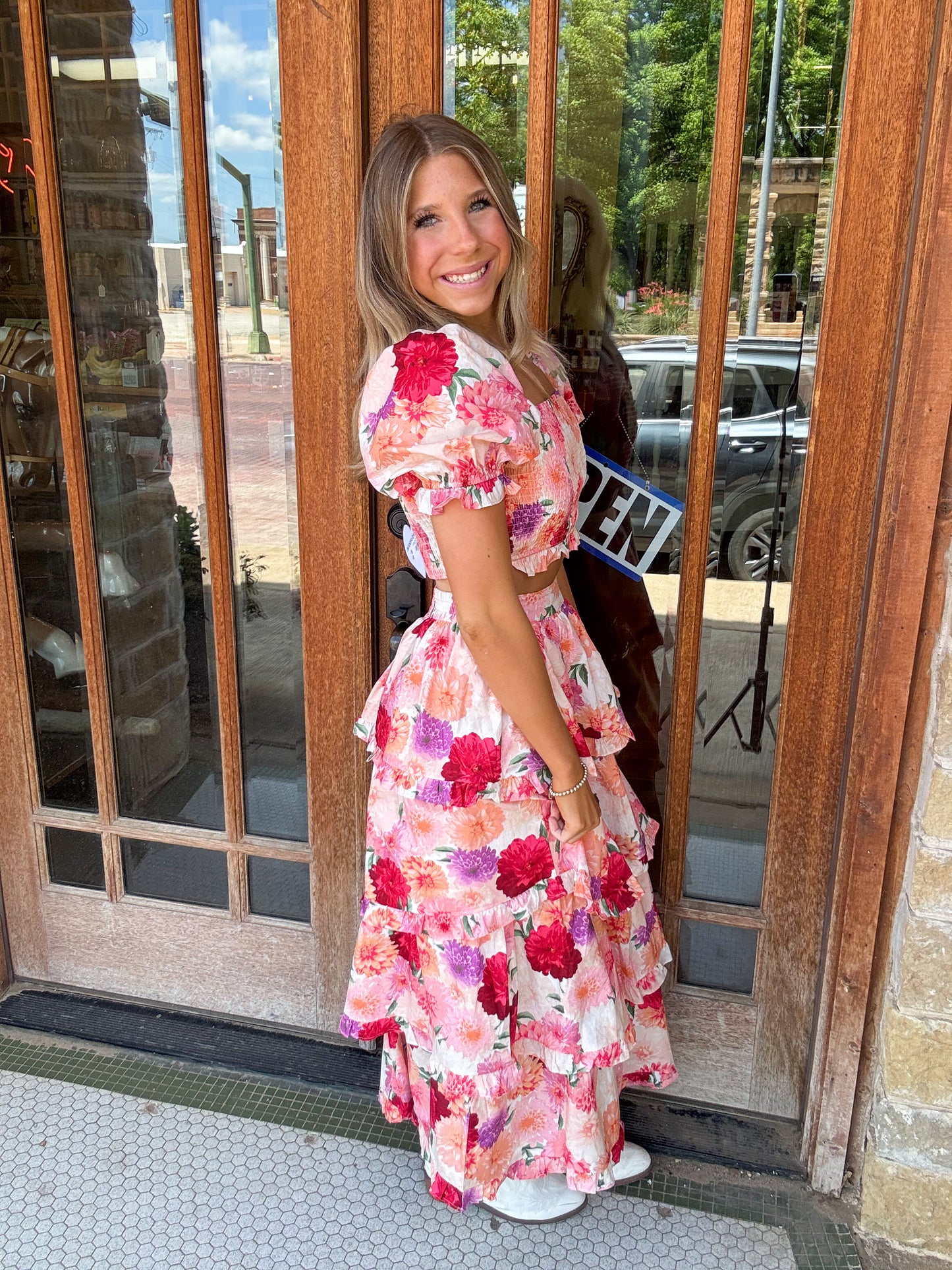 Sets | Buddy Love Top/Maxi Skirt Carina Floral Smocked Puff Sleeves Top Elastic Waist Tiered Ruffled