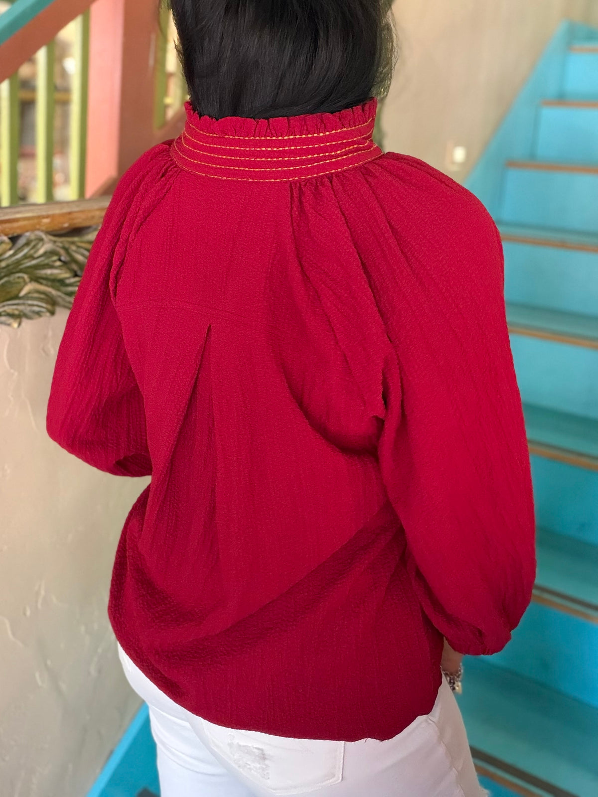 Blouse - Wine Scallop Balloon Sleeve