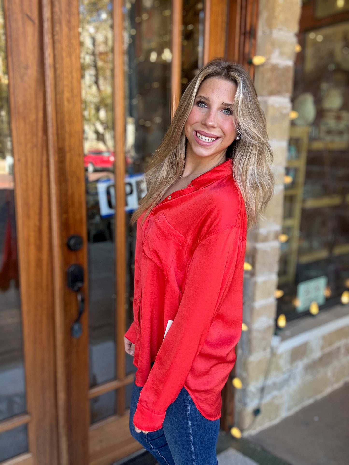 Tops | Blouse Tomato Red Silky Button Down Long Sleeve