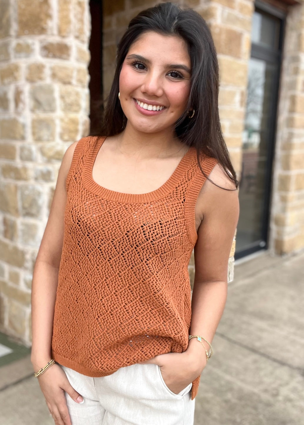 Top | Burnt Orange Square Neck Knit Top