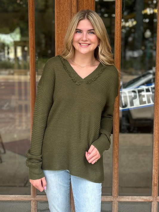 Tops | Sweater Olive Distressed V-Neck Knit Hoodie