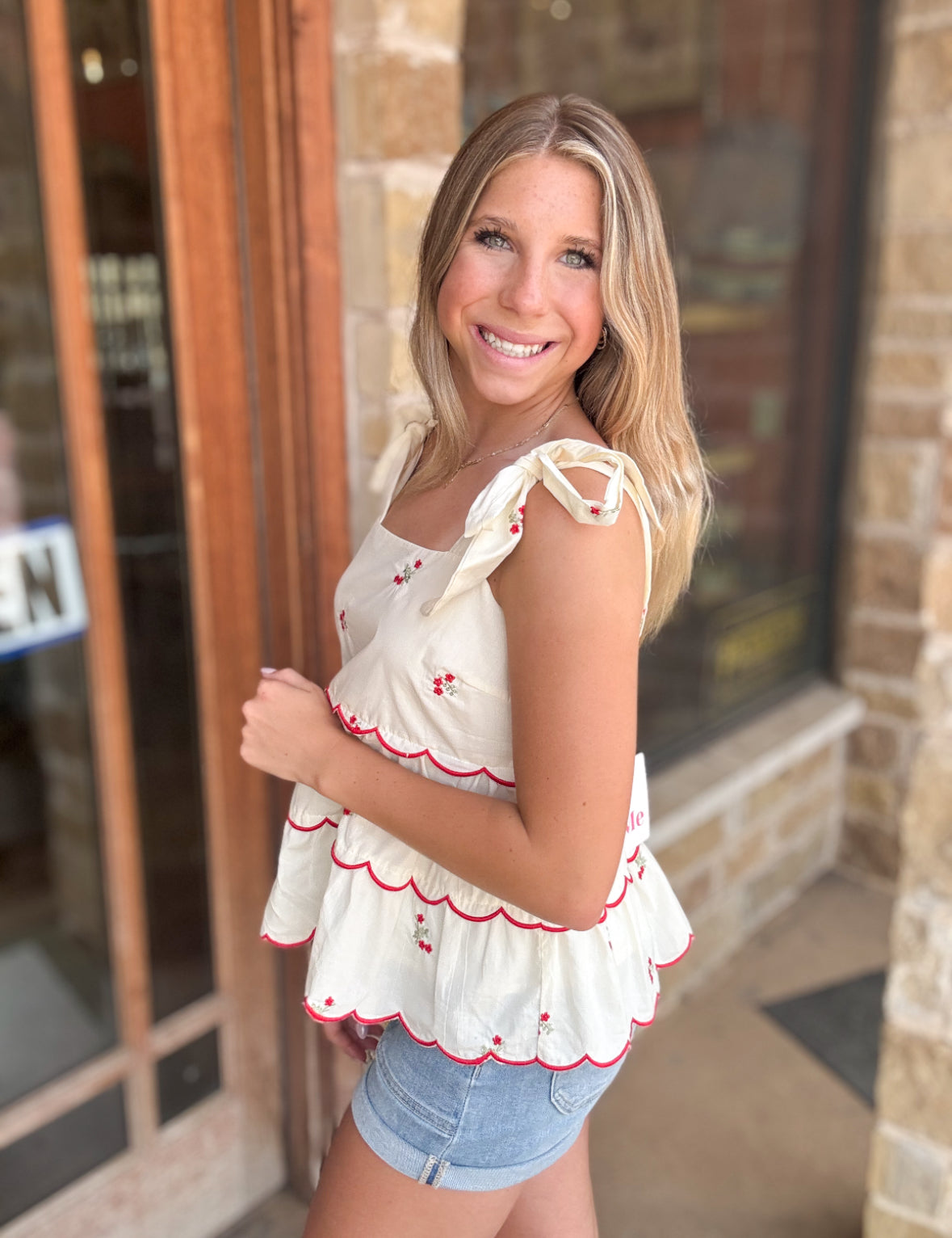 Tops | Blouse Embroidered Cream Woven Tie Shoulder Tired Two Way