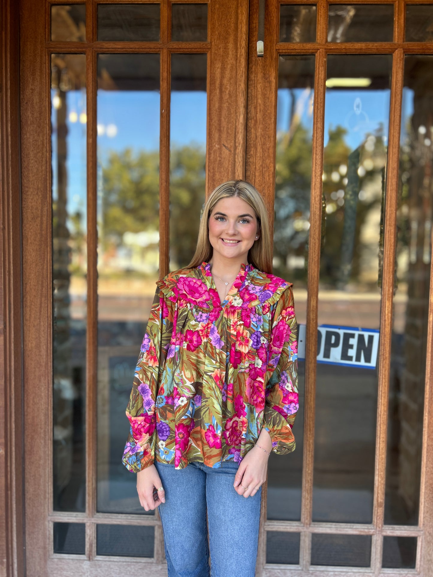 Tops | Blouse Floral Yoke Detail Balloon Sleeve