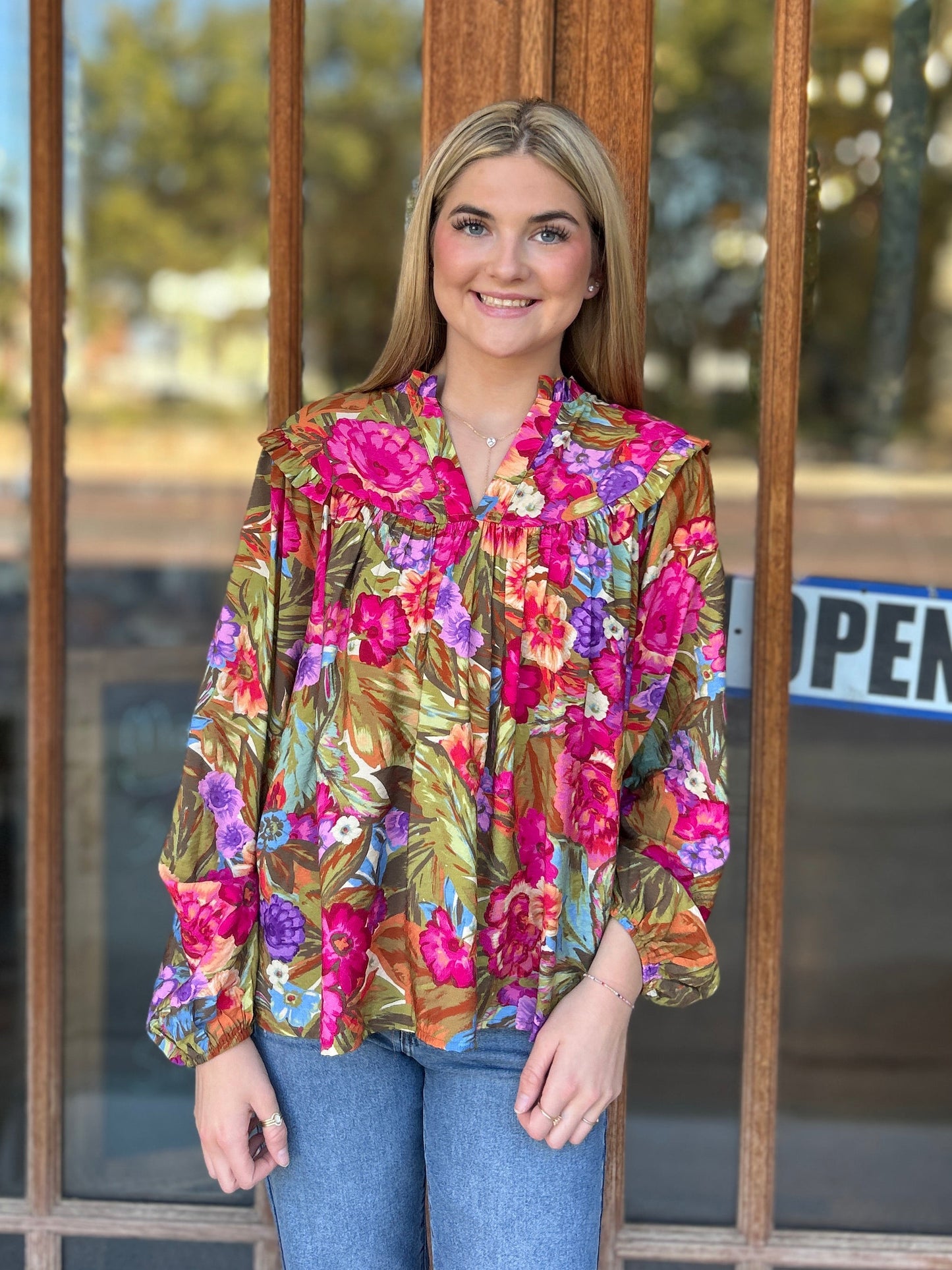 Tops | Blouse Floral Yoke Detail Balloon Sleeve