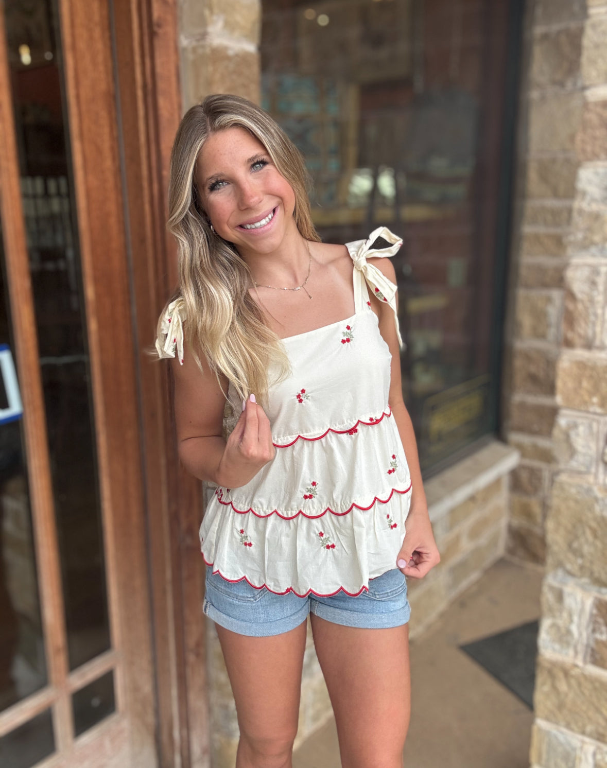 Tops | Blouse Embroidered Cream Woven Tie Shoulder Tired Two Way