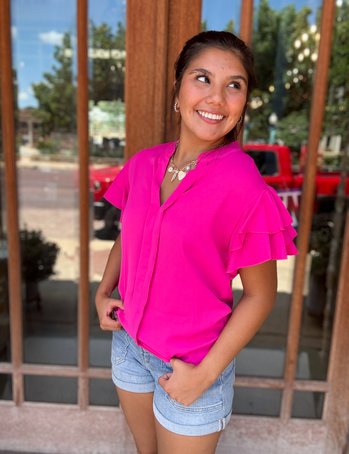 Tops | Blouse Hot Pink Ruffle