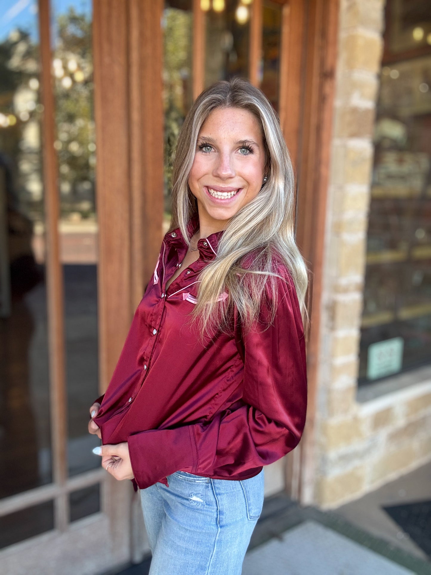 Tops | Blouse Pearl Snap Western Wine/Pink Satin