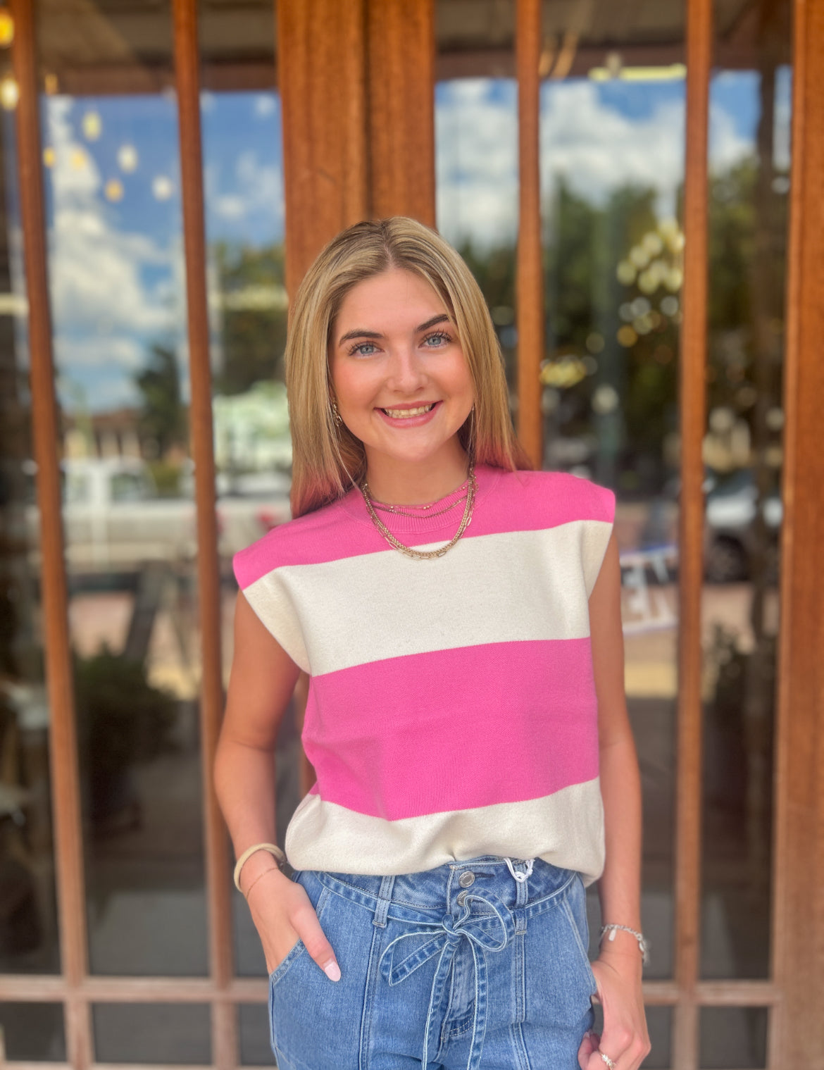 Tops | Sweater Ivory and Pink Stripe Block Knitted Sleeveless