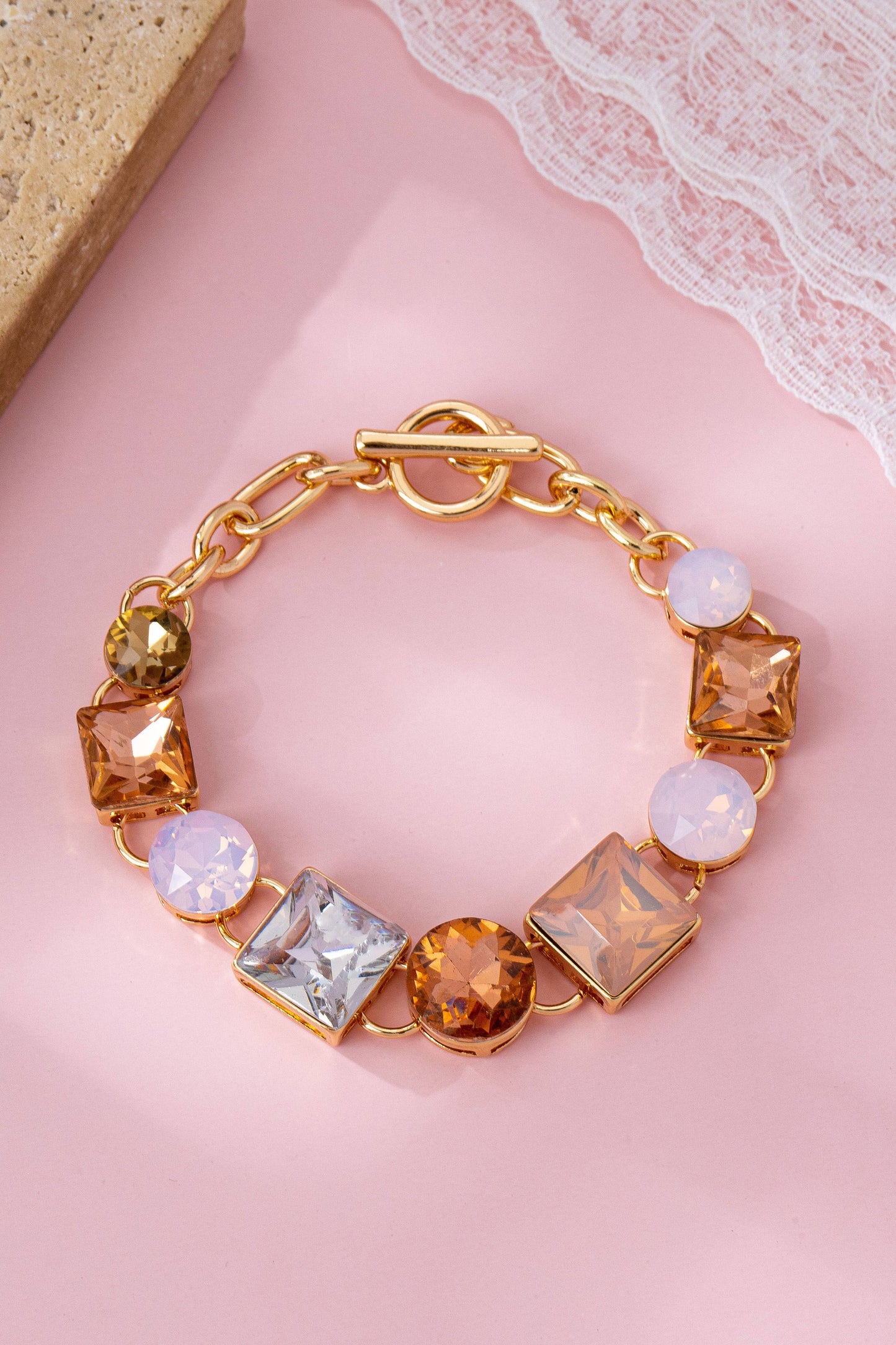 Bracelet - Pastel Multi-Crystal Gold Link Toggle