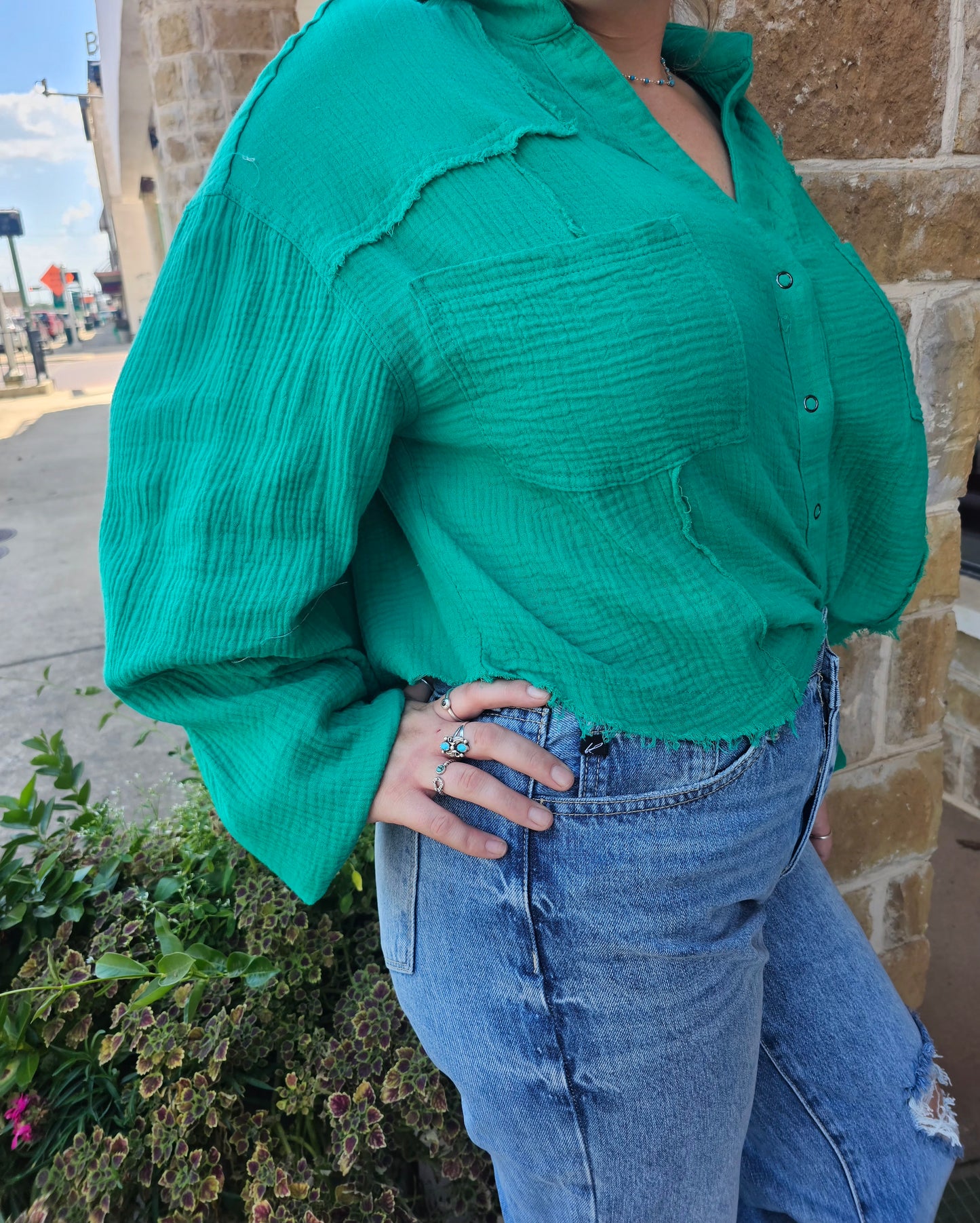 Tops | Blouse Kelly Green Long Sleeve Button Up