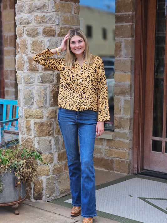 Tops | Blouse Leopard Print Button Up Yellow