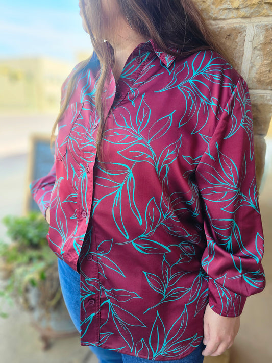 Tops | Blouse Satin Oversized Plum Turquoise