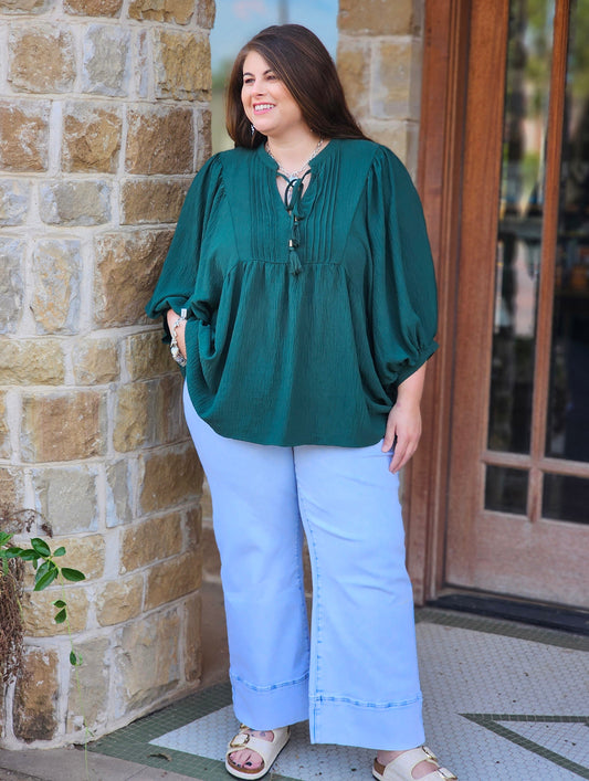Tops | Plus Size Blouse Hunter Green Flowy Pintuck Tie Front Split Neck