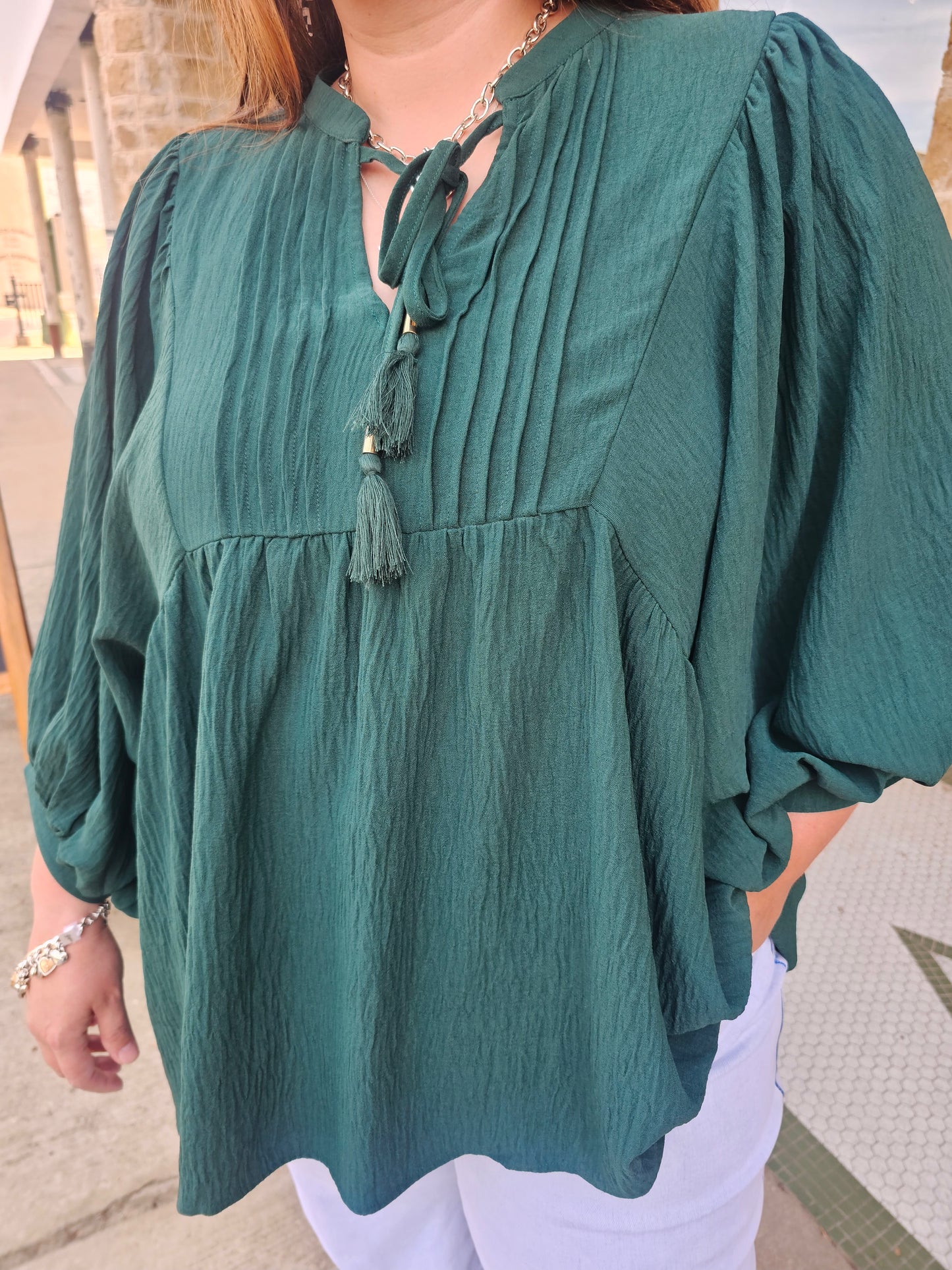 Tops | Plus Size Blouse Hunter Green Flowy Pintuck Tie Front Split Neck