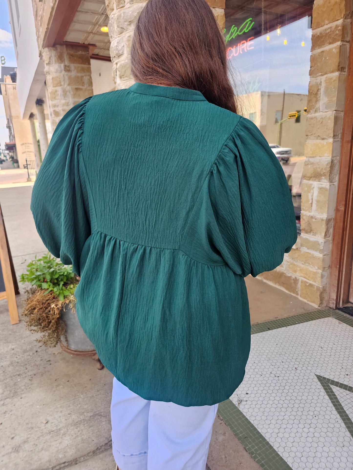 Tops | Plus Size Blouse Hunter Green Flowy Pintuck Tie Front Split Neck