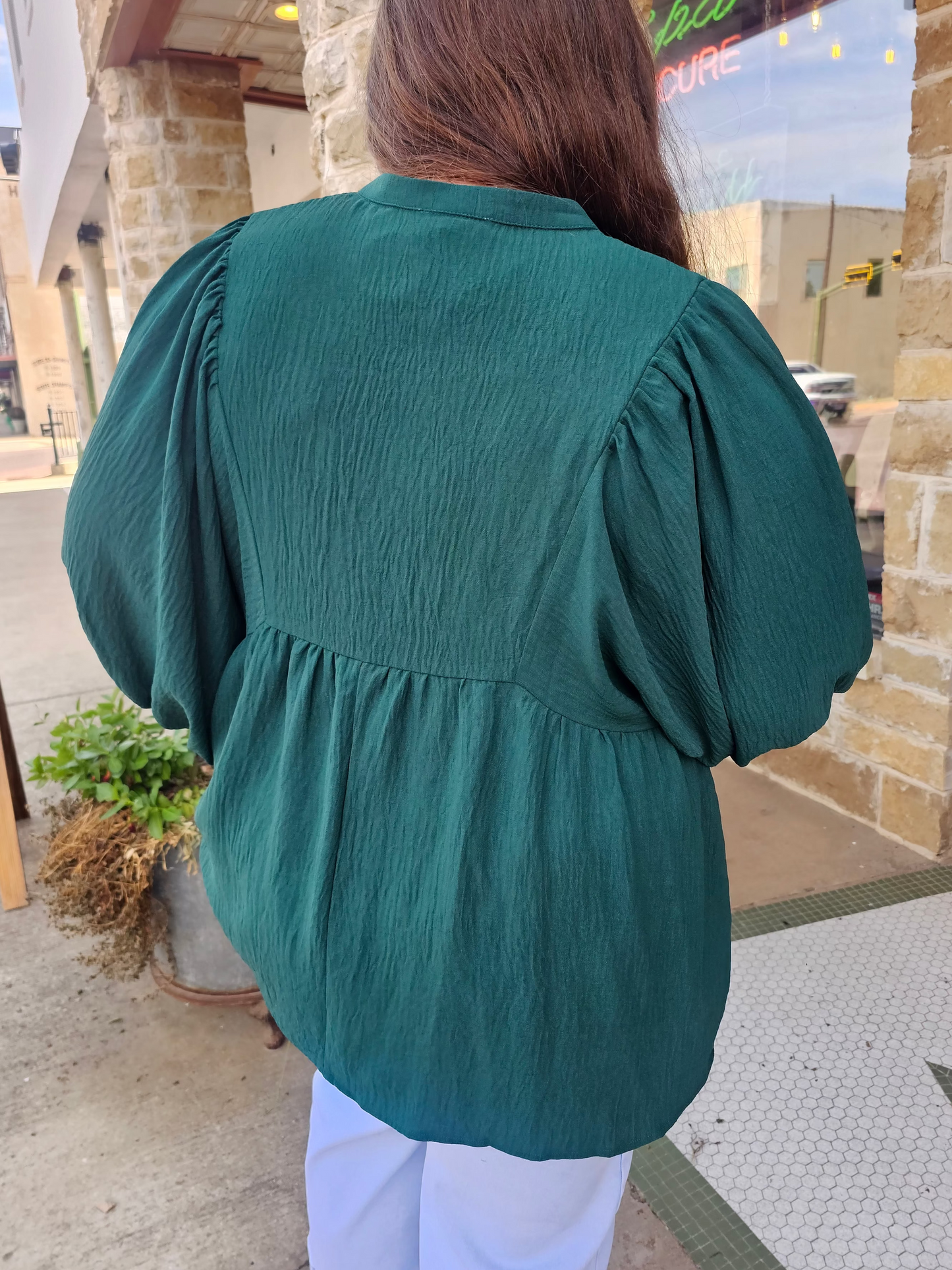 Tops | Plus Size Blouse Hunter Green Flowy Pintuck Tie Front Split Neck