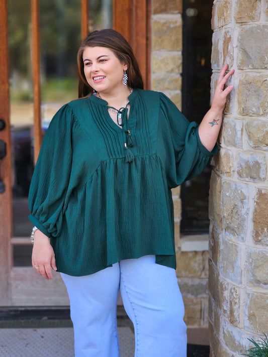 Tops | Plus Size Blouse Hunter Green Flowy Pintuck Tie Front Split Neck