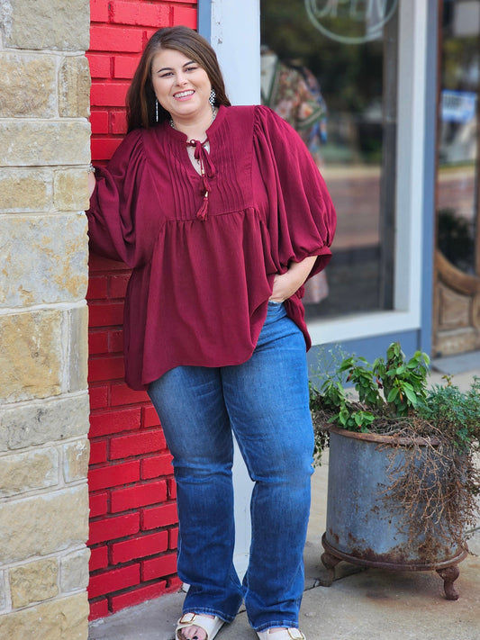 Tops | Plus Size Blouse Burgundy Flowy Pintuck Tie Front Split Neck